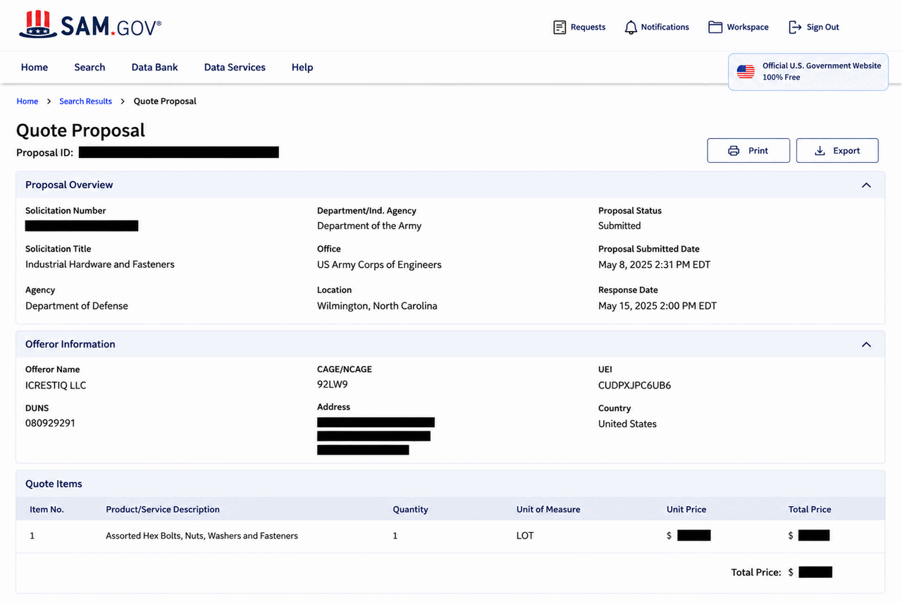 Redacted SAM.gov quote from iCrestiQ to the U.S. Army Corps of Engineers