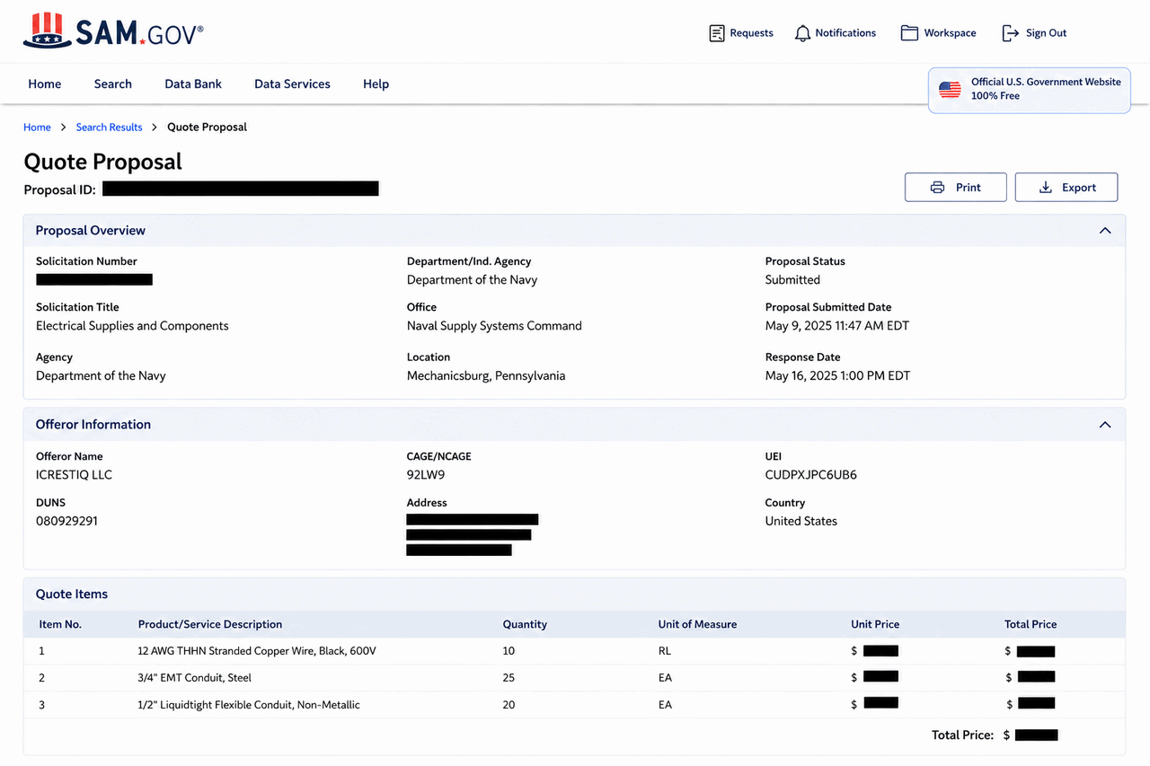 Redacted SAM.gov quote from iCrestiQ to Naval Supply Systems Command
